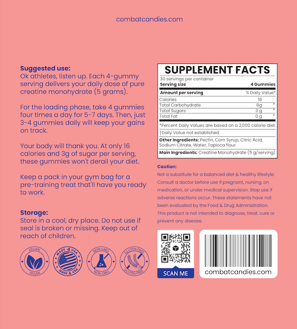 Combat Candy Strawberry Creatine Gummies - 120 Count -  Delicious Creatine